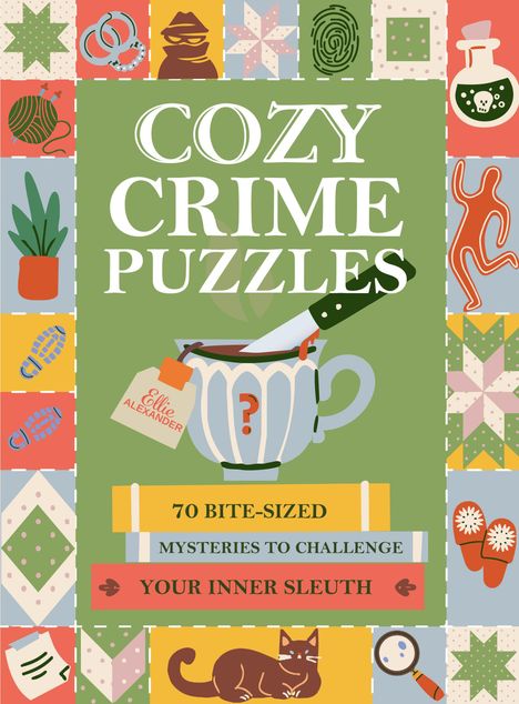 „COZY CRIME PUZZLES“, Stapel Bücher, Messer in Tasse, bunte Randmuster mit Verbrechensthemen.