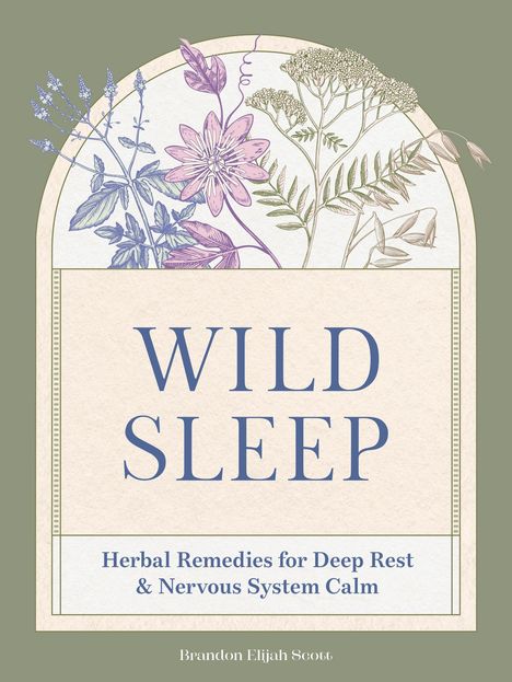„WILD SLEEP“, darunter „Herbal Remedies for Deep Rest & Nervous System Calm“. Illustration von Kräutern in weichen Farben.