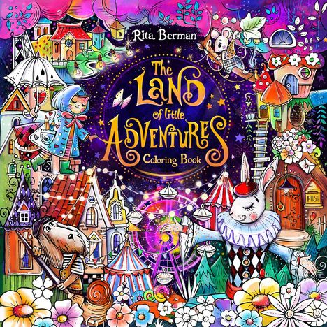 "The Land of Little Adventures. Buntes, magisches Land mit fröhlichen Charakteren, Blumen, Häusern und Zirkuszelt."