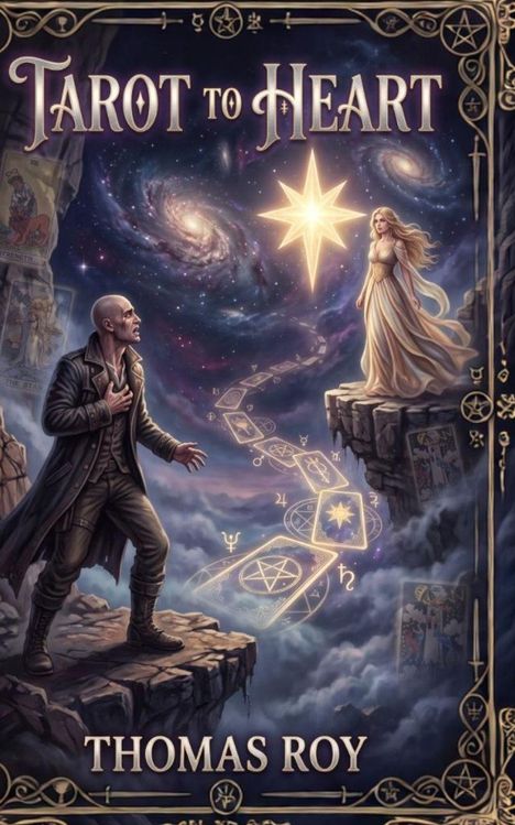 "Tarot to Heart" und "Thomas Roy". Eine magische Szene mit einem Mann, einer Frau, Tarotkarten und einem leuchtenden Stern.