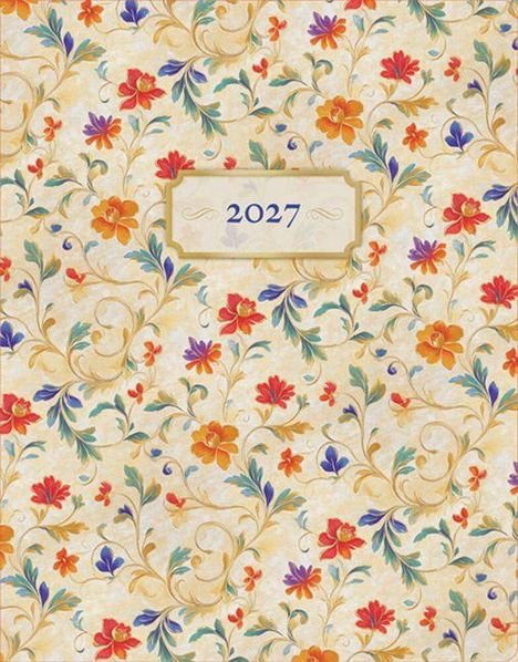 2027 in einem Rahmen, florale Gestaltung mit roten, orangefarbenen und violetten Blumen auf goldenem Hintergrund.