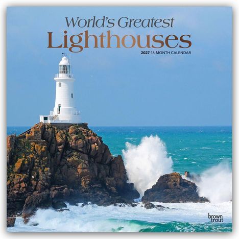 Text: "World's Greatest Lighthouses 2027 16-Month Calendar." Ein Leuchtturm auf felsiger Küste, von Wellen umgeben.