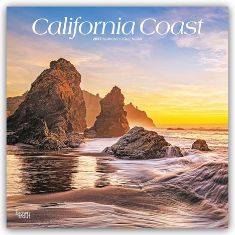 "California Coast", "2027 16-Month Calendar". Küstenlandschaft mit Felsen, sanfte Wellen, Sonnenuntergang.