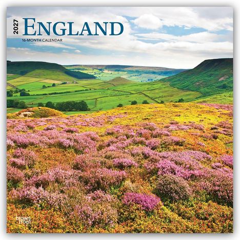 „2027 England, 16-Month Calendar“. Lila Heidekraut, grünes Tal, blauer Himmel mit Wolken.