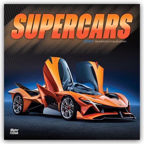 Text: "SUPERCARS", "2027 16-Month Calendar". Ein futuristisches, orangefarbenes Auto mit geöffneten Flügeltüren.