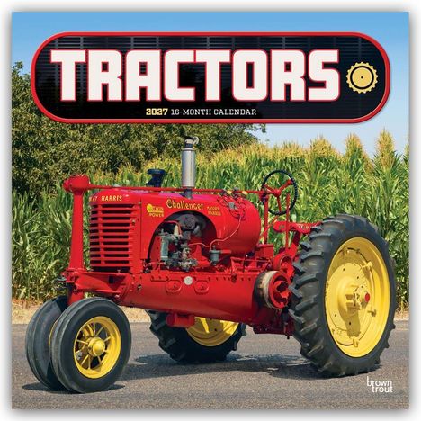 „TRACTORS 2027 16-MONTH CALENDAR“. Ein roter Oldtimer-Traktor auf einer Straße vor Maisfeldern.