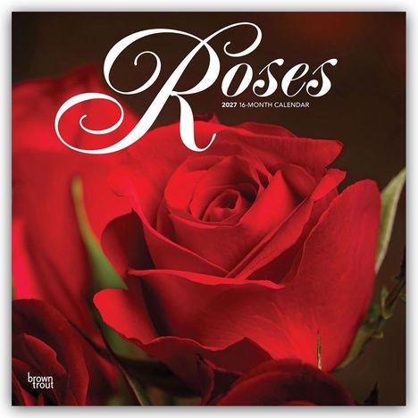 Text: "Roses 2027 16-Month Calendar". Große rote Rose im Vordergrund.