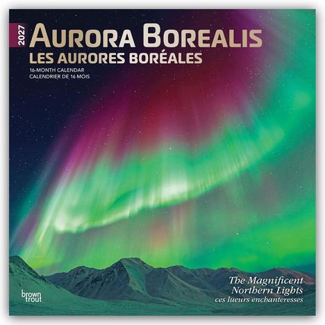 2027 Aurora Borealis Kalender; leuchtende Nordlichter über verschneiten Bergen; grüne und violette Lichter am Himmel.