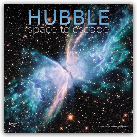 Text: "HUBBLE space telescope", "2027 16-Month Calendar". Farbenprächtiger Weltraumnebel vor einem Sternenhintergrund.