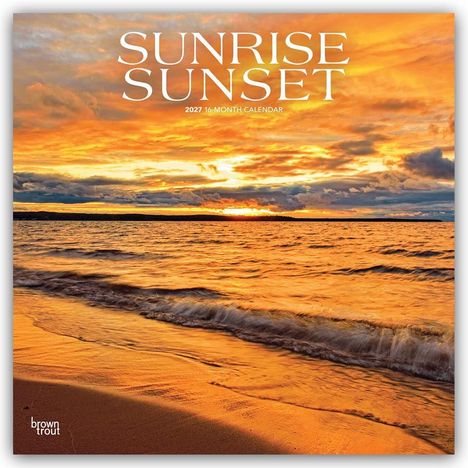 Text: "SUNRISE SUNSET 2027 16-MONTH CALENDAR". Szenerie: Sonnenuntergang über dem Meer mit dramatischen Wolken.