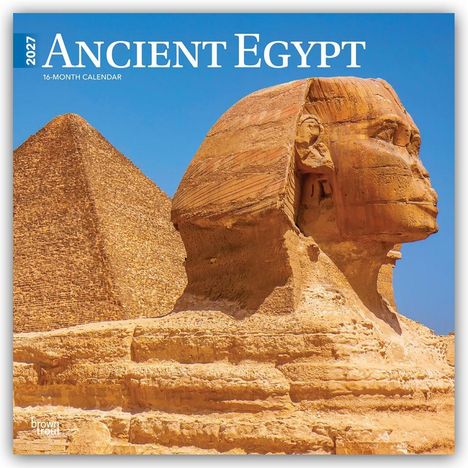 Text: "2027 Ancient Egypt, 16-Month Calendar." Die Sphinx vor einer Pyramide. Klarer blauer Himmel im Hintergrund.