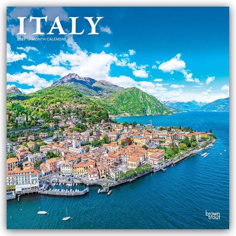 "ITALY 2024 16-Month Calendar." Küstenstadt mit bunten Häusern, Bergen im Hintergrund und blauem Meer.
