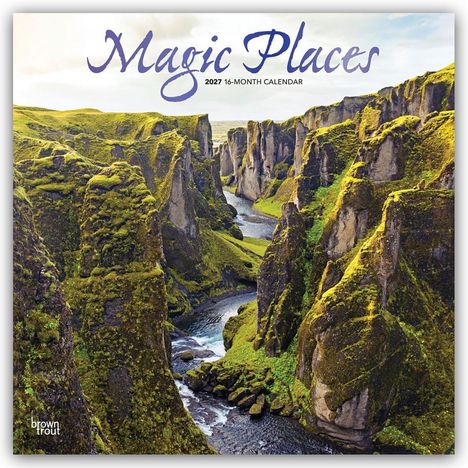 „Magic Places, 2027 16-Month Calendar“. Eindrucksvolle Schlucht mit grünem Moos bedeckt und einem fließenden Fluss unten.