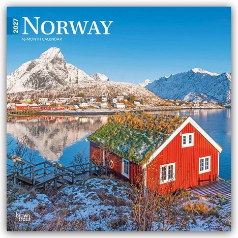 "2027 Norway, 16-Month Calendar." Ein rotes Haus mit Grasdach vor verschneiten Bergen und einem See.