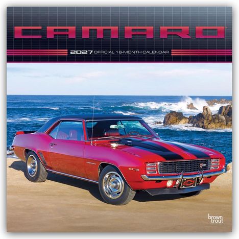 "CAMARO 2027 Official 16-Month Calendar" steht oben. Ein rotes Auto parkt am Meer mit Wellen und Felsen im Hintergrund.