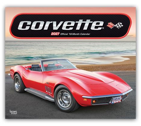 Text: "corvette 2027 Official 16-Month Calendar." Ein roter Oldtimer-Cabrio vor einem Strand.