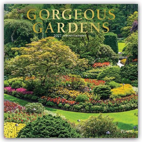 Text: "GORGEOUS GARDENS 2027 16-MONTH CALENDAR". Bunte Blumenbeete und gepflegte Rasenflächen in einem prachtvollen Garten.