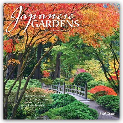 "Japanese Gardens" steht oben, darunter "2024 16-Month Calendar". Farbiger Herbstwald mit Brücke und Zitat unten links.