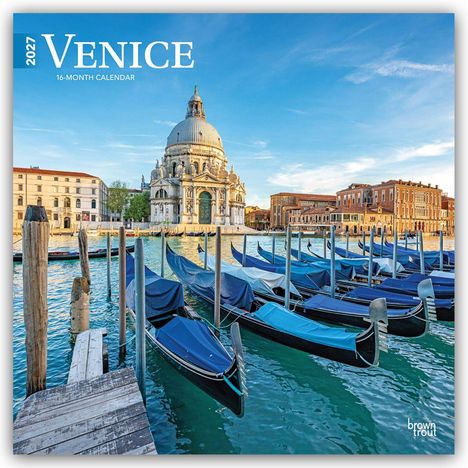 „2024 VENICE 16-MONTH CALENDAR“. Gondeln am Kanal vor einer prächtigen Kirche unter blauem Himmel.