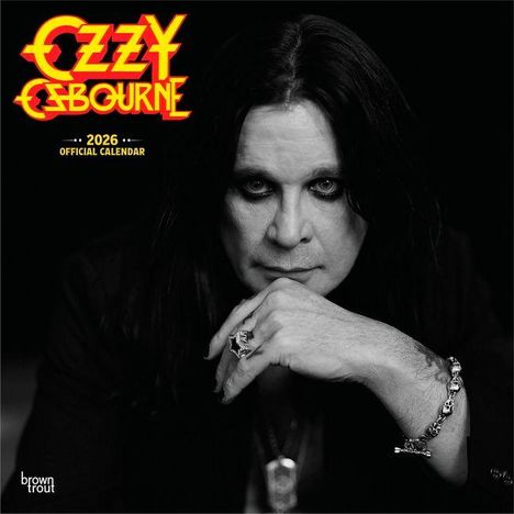 Text: "Ozzy Osbourne", "2026 Official Calendar". Schwarz-weißes Porträt eines Mannes mit langem Haar und Schmuck.