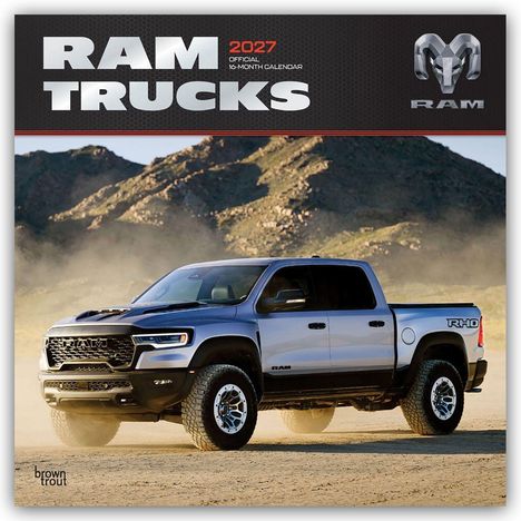 "RAM TRUCKS 2027 OFFICIAL 16-MONTH CALENDAR." Ein Pickup-Truck fährt durch eine staubige Wüste mit Bergen im Hintergrund.