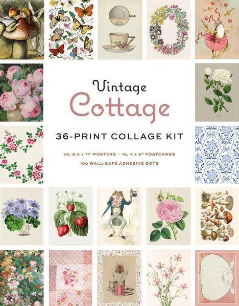 Text: "Vintage Cottage 36-Print Collage Kit". Bunte Illustrationen von Blumen, Tieren und Teetassen umgeben den Text.