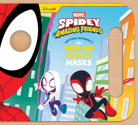 "Marvel Spidey Amazing Friends" und "Pop-Up Playtime Masks". Illustration: Comicfiguren hüpfen durch eine Stadt.
