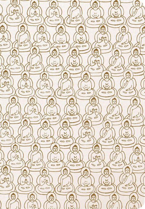 Wiederholtes Muster von buddhistischen Figuren in Meditationspose mit heiligem Schein, braune Linien auf hellem Hintergrund.