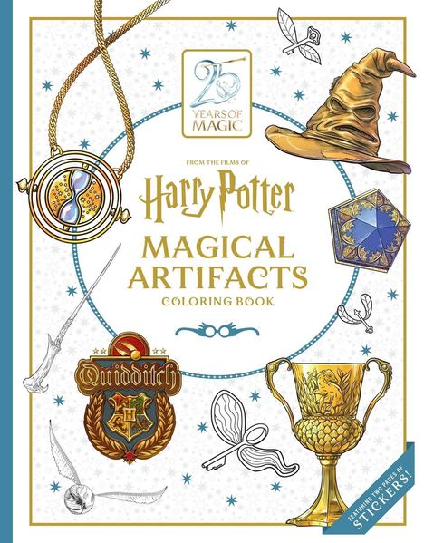 „25 Years of Magic“, „Harry Potter Magical Artifacts Coloring Book“. Illustrationen von magischen Gegenständen.