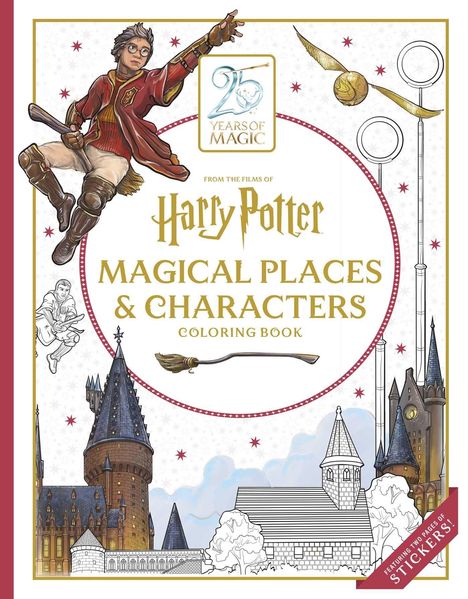 „Magical Places & Characters Coloring Book“ mit fliegender Figur, Schloss und einem Besen. Enthält „25 Years of Magic“-Logo.