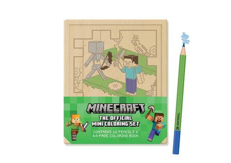 „Minecraft: The Official Mini Coloring Set.“ Ein Minecraft-Charakter kämpft gegen ein Skelett. Enthält 12 Buntstifte.