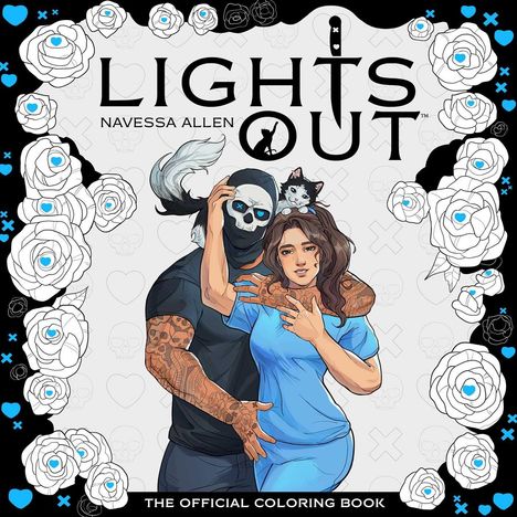 Text: "Lights Out", "Navessa Allen", "The Official Coloring Book." Illustration mit Mann in Skelettmaske, Frau und Katze.