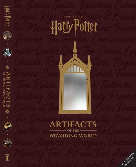 "ARTIFACTS OF THE WIZARDING WORLD" in gold auf burgunderrotem Hintergrund, Spiegel und "Harry Potter" Logo.