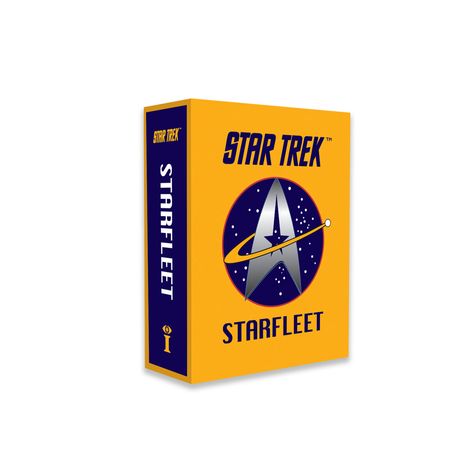 Text: "STAR TREK", "STARFLEET". Gelbe Box mit Starfleet-Logo, zeigt einen stilisierten Stern und einen Planetenring.