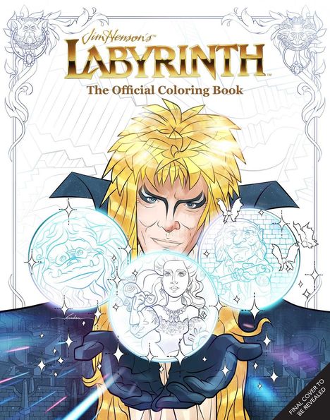 „Jim Henson's Labyrinth: The Official Coloring Book“ steht oben. Ein mystischer Charakter hält leuchtende Kugeln.