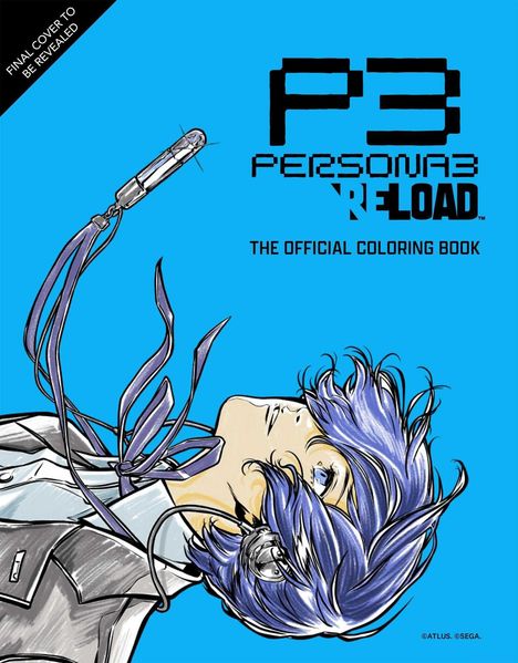 "P3 PERSONA 3 RELOAD, THE OFFICIAL COLORING BOOK." Illustration eines Charakters mit Kopfhörern und violettem Haar auf blauem Hintergrund.