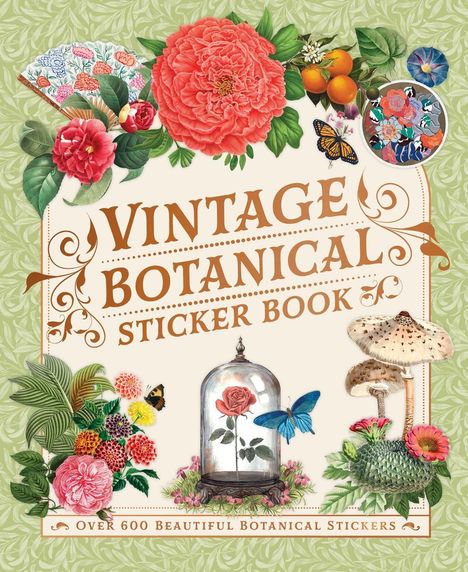 „Vintage Botanical Sticker Book“ steht auf einem floralen Hintergrund. Blumen, Schmetterlinge und Pilze umrahmen den Titel.