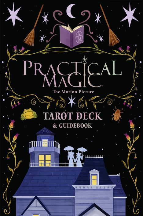 "Practical Magic: The Motion Picture Tarot Deck & Guidebook" in verschnörkelter Schrift, umgeben von Sternen, Besen.