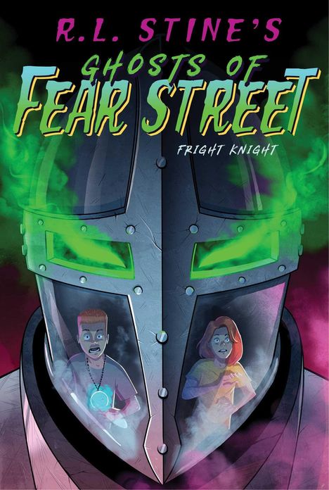 Text: "R.L. Stine's Ghosts of Fear Street: Fright Knight." Illustration eines düsteren Helmes mit grünem Rauch.