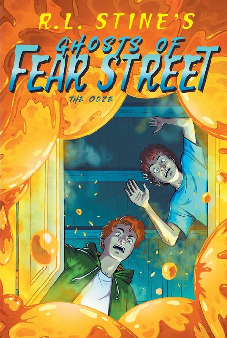 Text: "R.L. Stine's Ghosts of Fear Street - The Ooze." Zwei schockierte Jungen, gelber Schleim, aufregende Farben. Illustration.