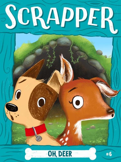 „SCRAPPER“, „OH, DEER“, „#6“. Illustration eines Hundes und eines Rehs im Vordergrund vor einer Höhle.