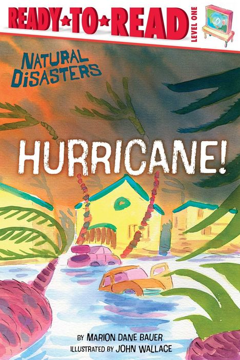 „Natural Disasters: Hurricane!“ in großen Buchstaben. Gebäude von Palmen umgeben, unter Wasser.