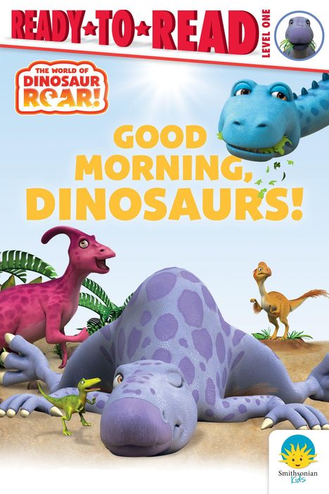 "GOOD MORNING, DINOSAURS!" In großen gelben Buchstaben. Illustration mit fröhlichen Dinosauriern in lebendigen Farben.