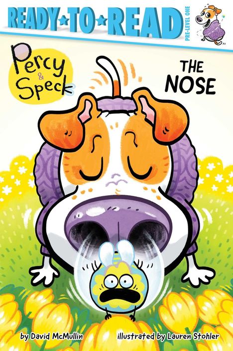 "Percy & Speck, The Nose" steht groß auf dem Cover. Ein Hund schnuppert an einer verängstigten Biene in einem Blumenfeld.