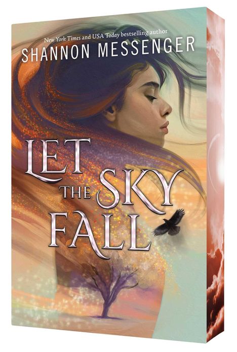 "Let the Sky Fall" von Shannon Messenger. Illustration: Frau im Profil, wirbelnder Wind, Baum und Vogel im Hintergrund.