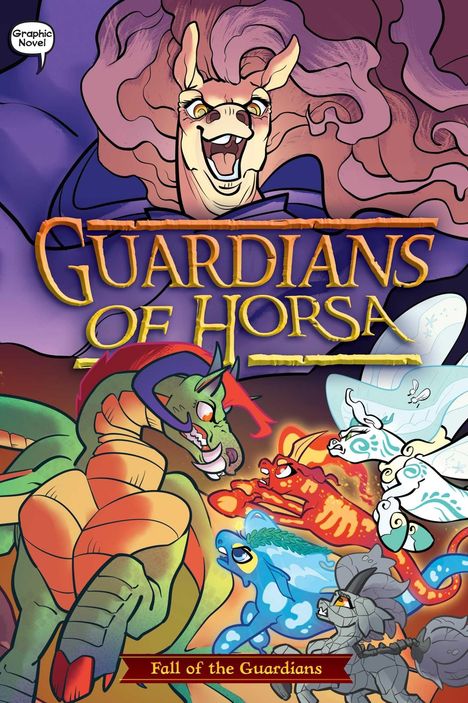 "Guardians of Horsa", "Fall of the Guardians". Illustration von animierten Kreaturen, darunter ein Drache und magische Pferde.