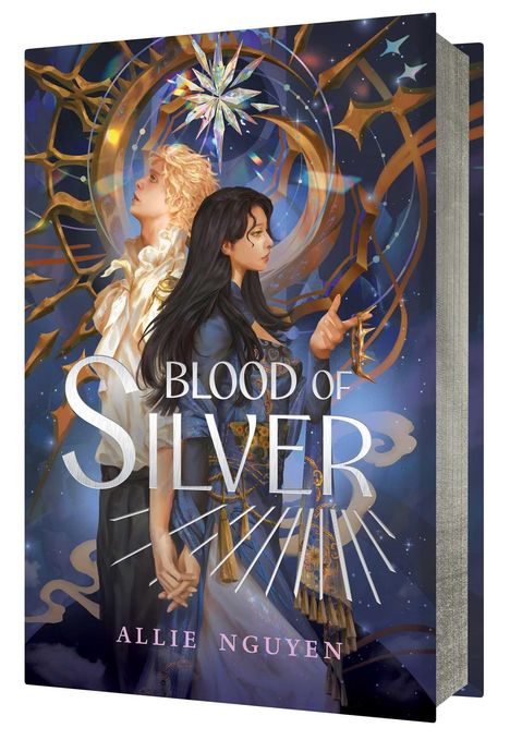 "Blood of Silver" und "Allie Nguyen". Zwei Figuren stehen Rücken an Rücken, umgeben von einem goldenen, himmlischen Design.