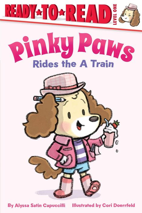 "READY TO READ Level One", "Pinky Paws Rides the A Train", Illustration von Hund mit rosa Hut und Milchshake.