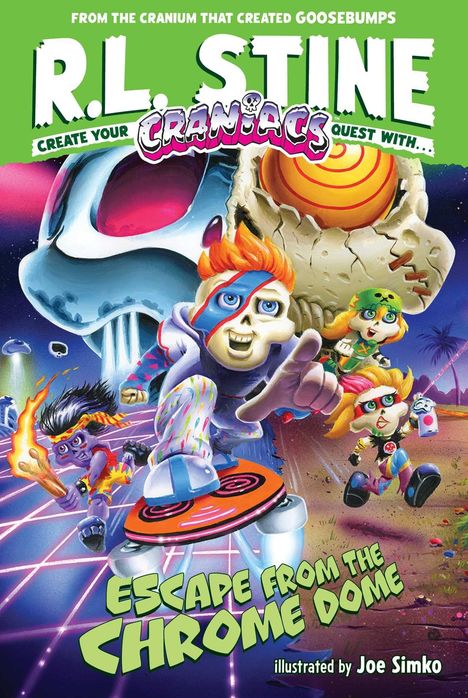 "R.L. Stine. Escape from the Chrome Dome." Bunte Comic-Figuren rennen auf einem Sci-Fi-Hintergrund mit Totenkopf.