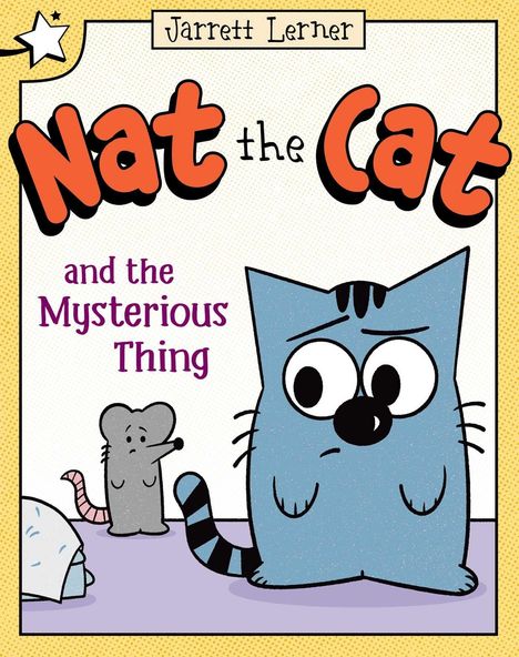 "Nat the Cat and the Mysterious Thing." Eine blaue Cartoon-Katze und eine graue Maus auf einem lila Boden.